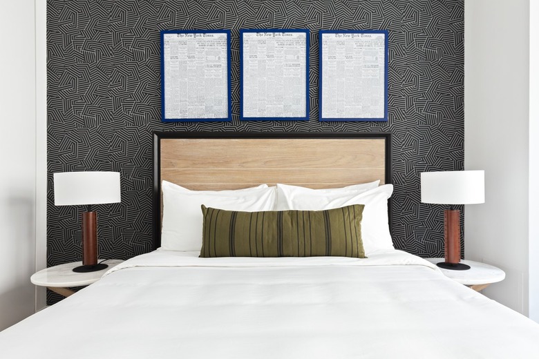 Modern bedroom with light wood headboard